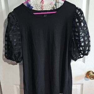 Carolyn Taylor Black Top with Sheer Checkered Sleeves